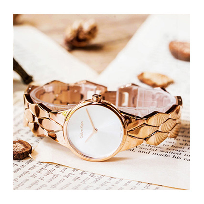 Shop Authentic Calvin Klein Snake Silver Dial Rose Gold Steel Strap Watch For Women - K6E23646 - Luxxuri