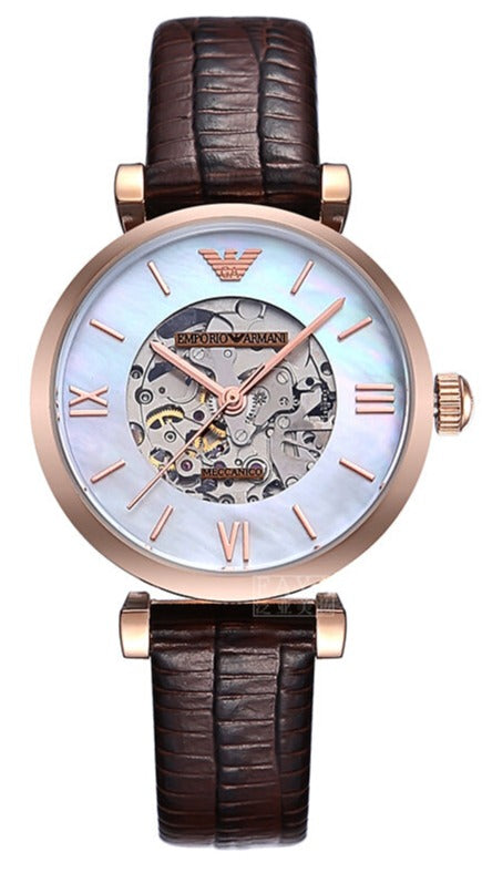 Shop Authentic Emporio Armani Meccanico Skeleton Mother of Pearl Dial Brown Leather Strap Watch For Women - AR1993 - Luxxuri
