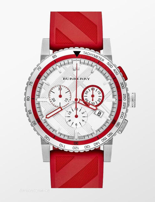 Shop Authentic Burberry City Sport Chronograph White Dial Red Rubber Strap Watch For Men - BU9809 - Luxxuri