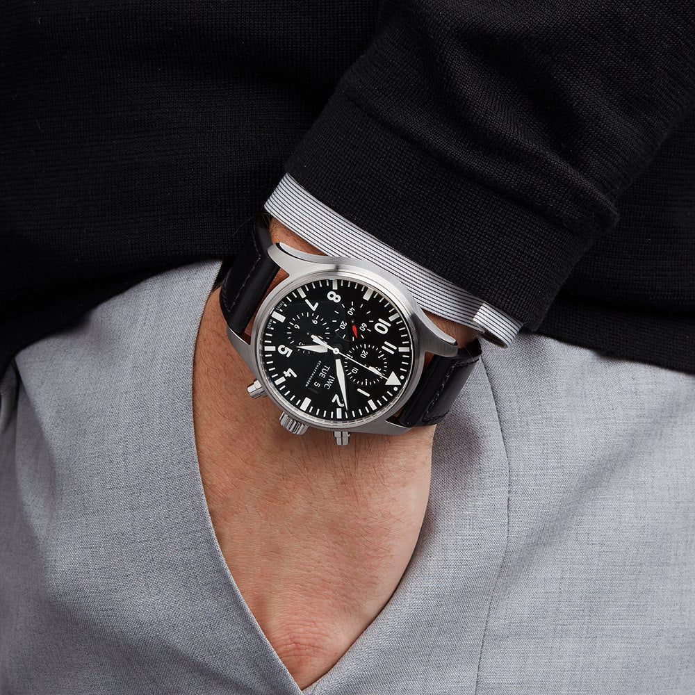 Shop Authentic IWC Pilot's Watch Chronograph Black Dial Black Leather Strap Watch for Men - IW377709 - Luxxuri