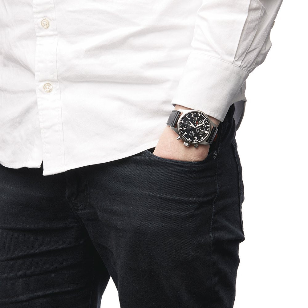 Shop Authentic IWC Pilot's Watch Chronograph Black Dial Black Leather Strap Watch for Men - IW377709 - Luxxuri