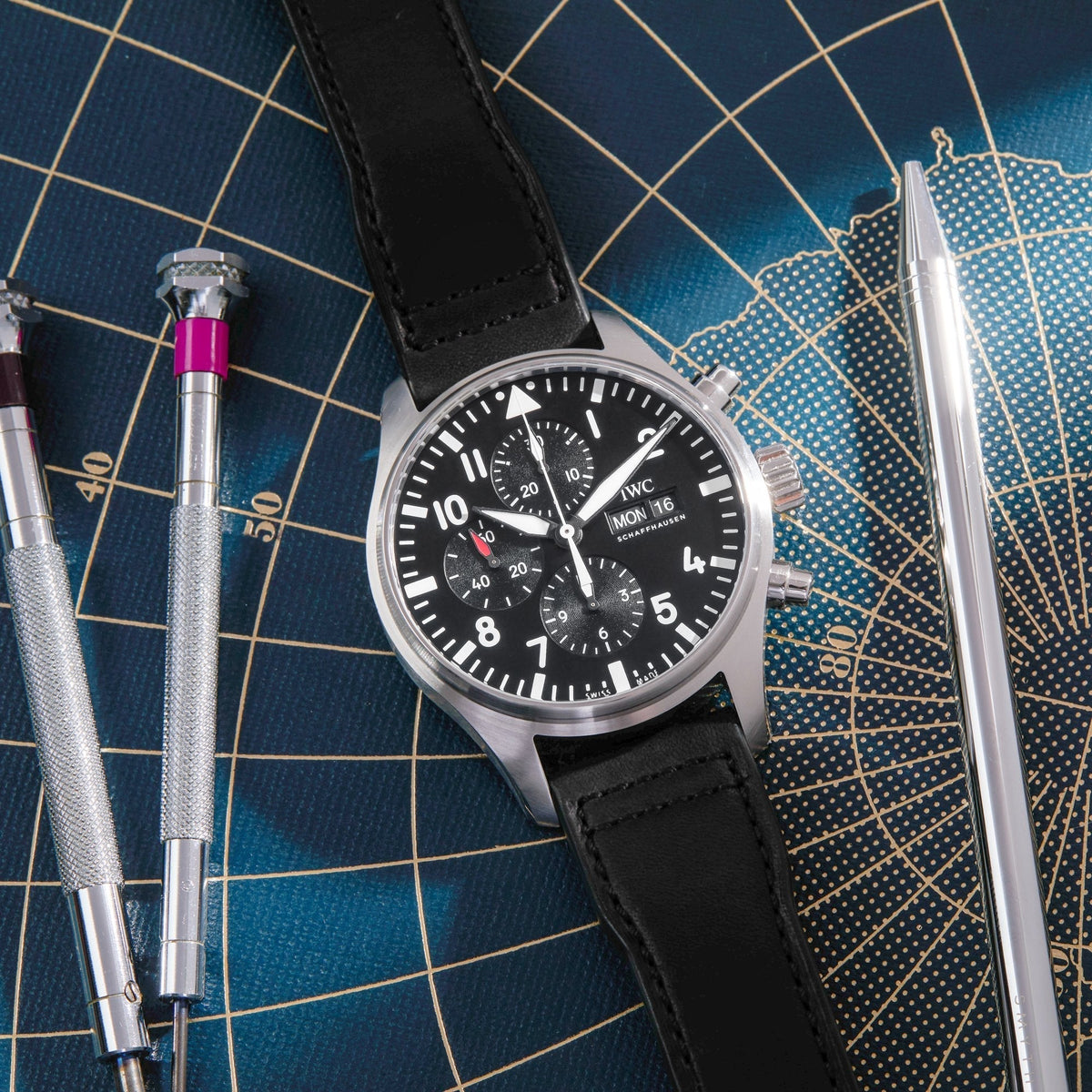 Shop Authentic IWC Pilot's Watch Chronograph Black Dial Black Leather Strap Watch for Men - IW377709 - Luxxuri
