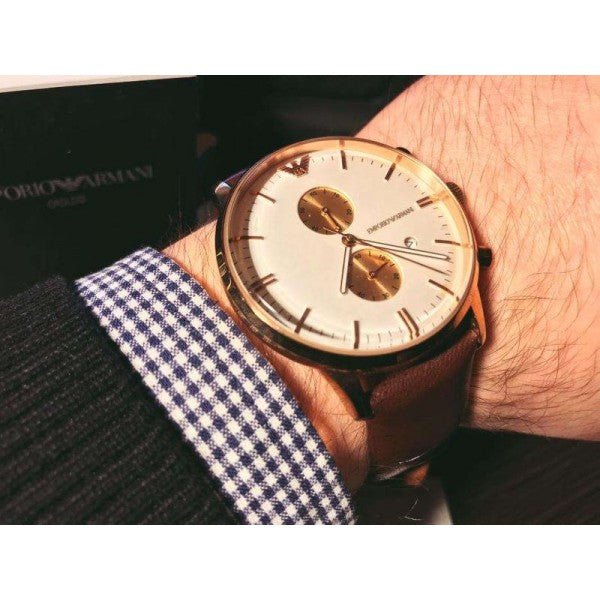 Shop Authentic Emporio Armani Gianni Classic Chronograph White Dial Brown Leather Strap Watch For Men - AR0398 - Luxxuri