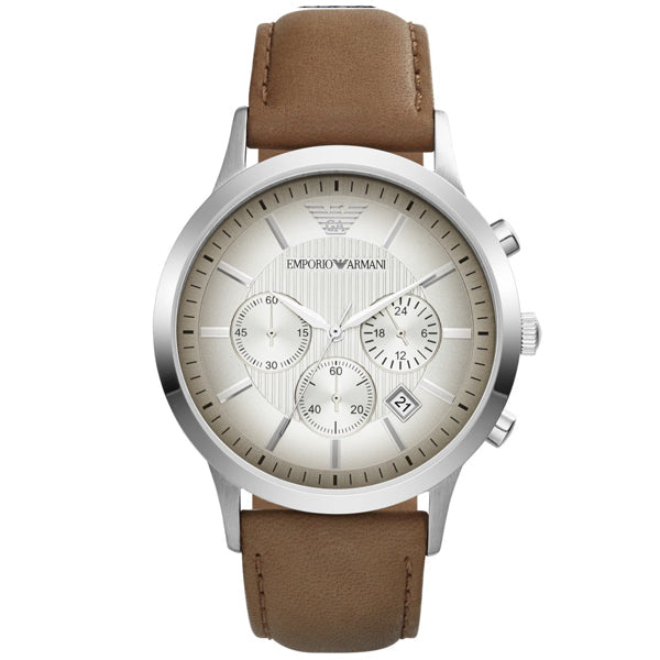 Shop Authentic Emporio Armani Classic Chronograph Silver Dial Brown Leather Strap Watch For Men - AR2471 - Luxxuri