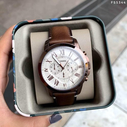 Shop Authentic Fossil Grant Chronograph White Dial Brown Leather Strap Watch for Men - FS5344 - Luxxuri