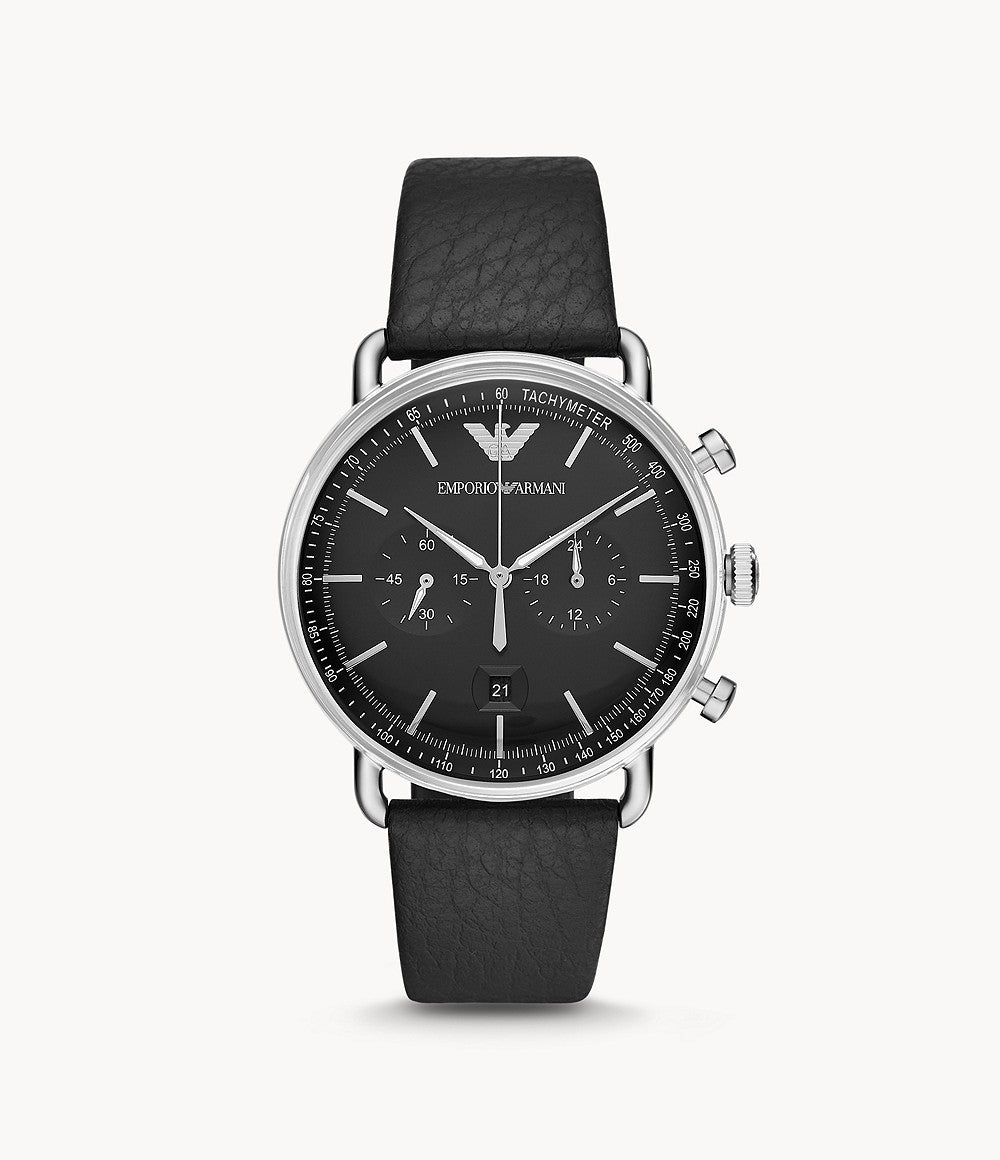 Shop Authentic Emporio Armani Aviator Chronograph Black Dial Black Leather Strap Watch For Men - AR11143 - Luxxuri