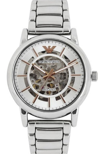 Shop Authentic Emporio Armani Meccanico Skeleton Silver Dial Silver Steel Strap Watch For Men - AR1980 - Luxxuri