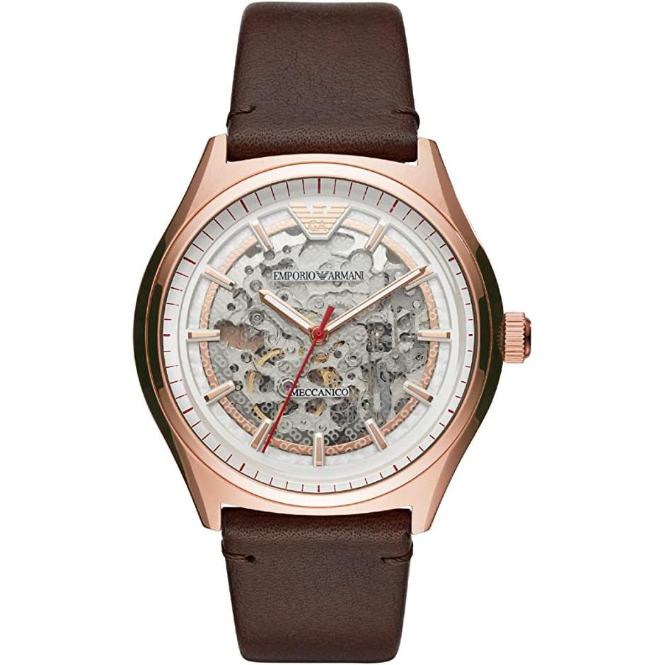 Shop Authentic Emporio Armani Meccanico White Skeleton Dial Brown Leather Strap Watch For Men - AR60005 - Luxxuri