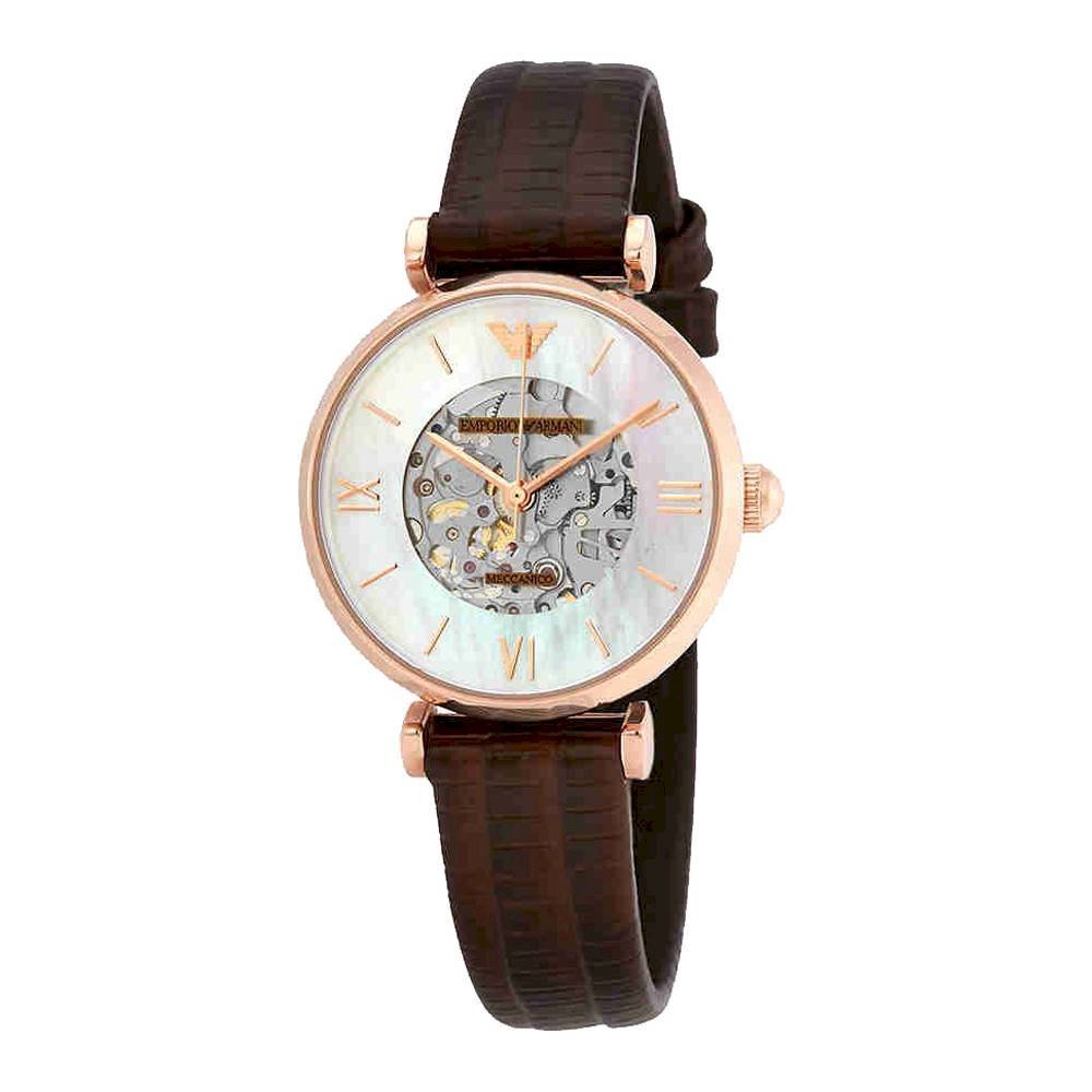 Shop Authentic Emporio Armani Meccanico Skeleton Mother of Pearl Dial Brown Leather Strap Watch For Women - AR1993 - Luxxuri