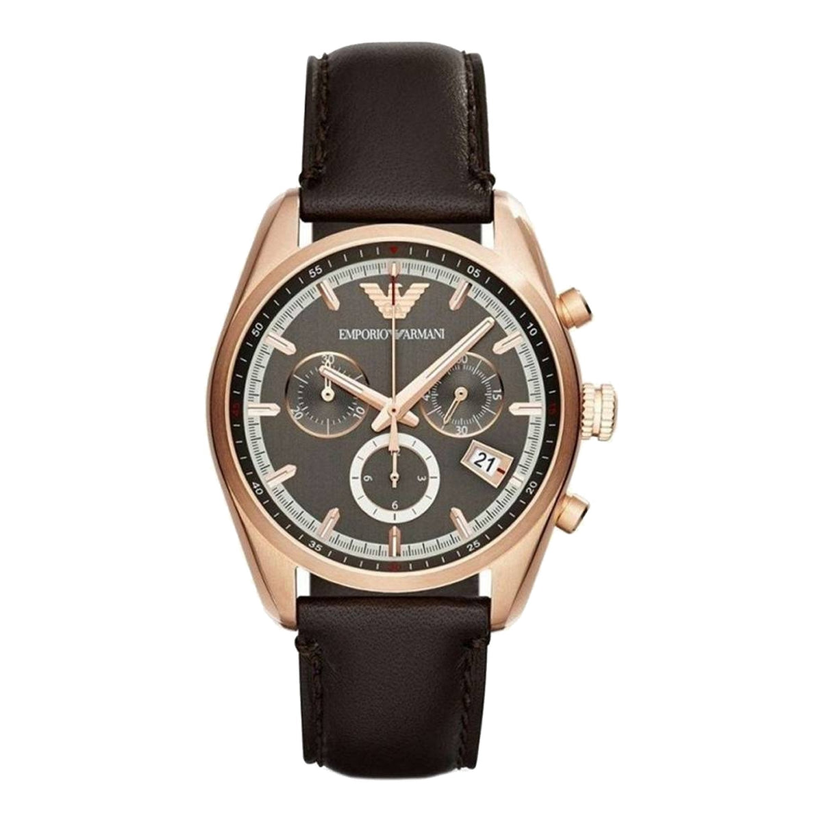 Shop Authentic Emporio Armani Chronograph Gray Dial Brown Leather Strap Watch For Men - AR6043 - Luxxuri