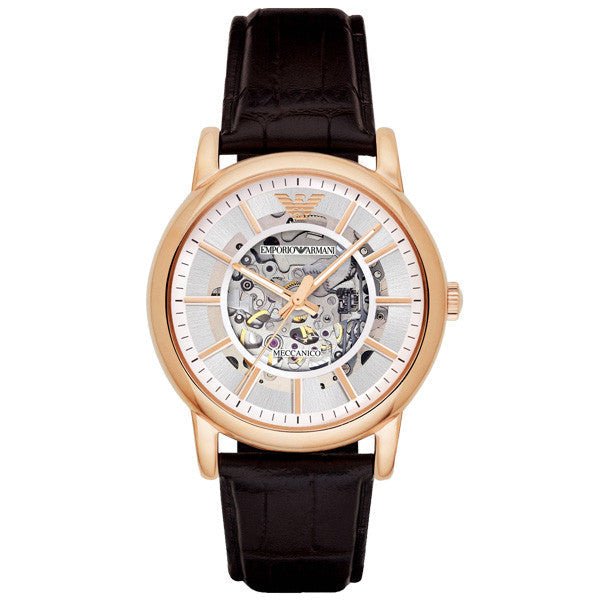 Shop Authentic Emporio Armani Meccanico Silver Skeleton Dial Brown Leather Strap Watch For Men - AR1983 - Luxxuri