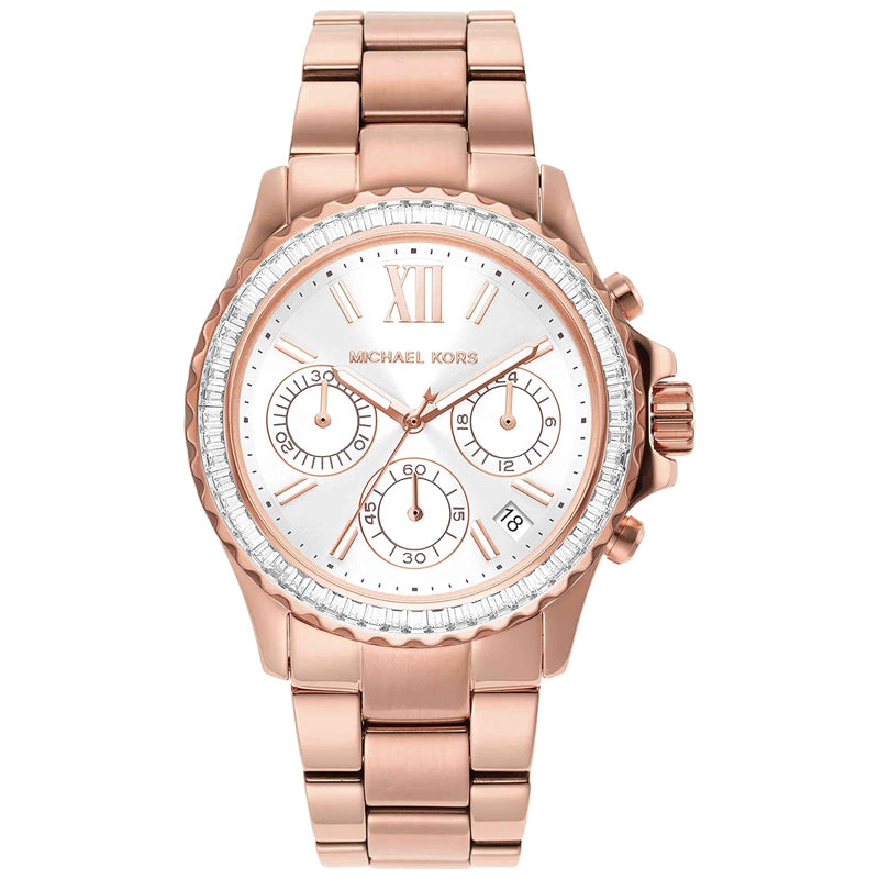 Shop Authentic Michael Kors Everest Chronograph Silver Dial Rose Gold Steel Strap Watch For Women - MK7213 - Luxxuri