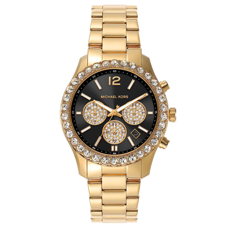 Michael Kors Berkley Chronograph Black Dial Gold Steel Strap Watch For Women - MK7414