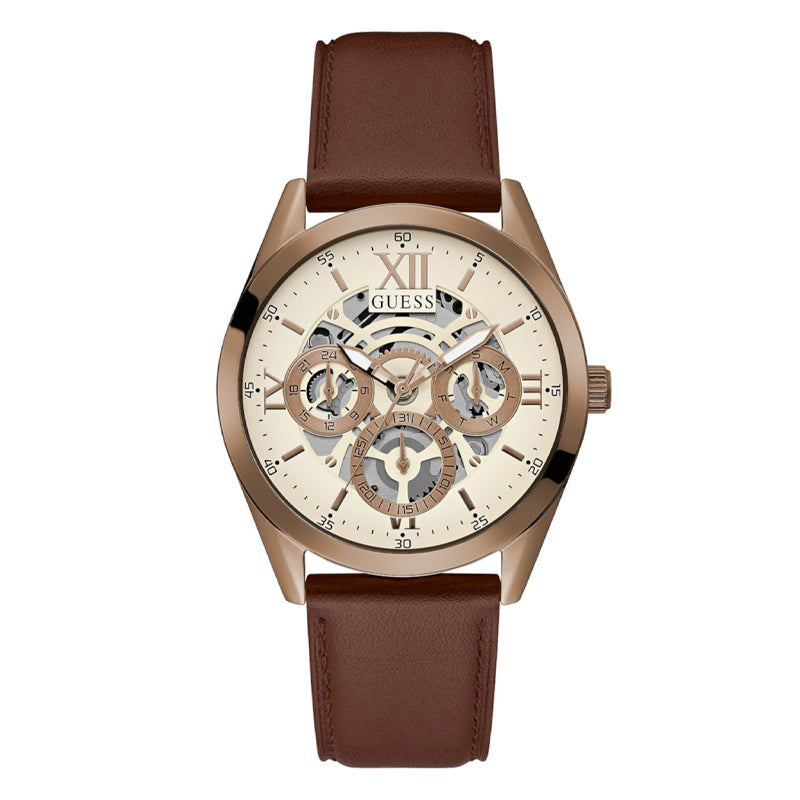 Shop Authentic Guess Multi-Function Chronograph White Dial Brown Leather Strap Watch For Men - GW0389G8 - Luxxuri