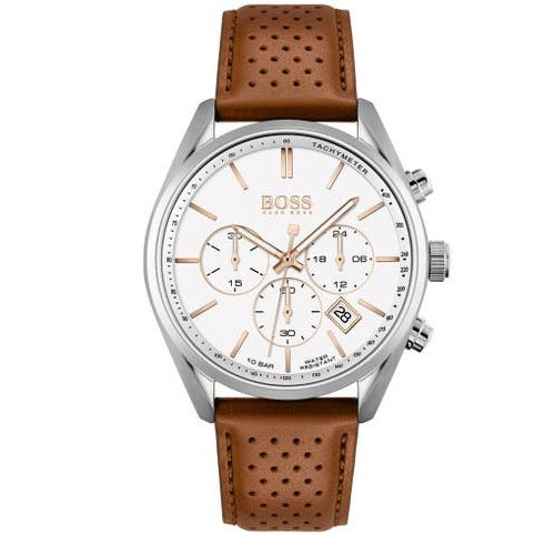 Shop Authentic Hugo Boss Champion White Dial Brown Leather Strap Watch for Men - 1513879 - Luxxuri