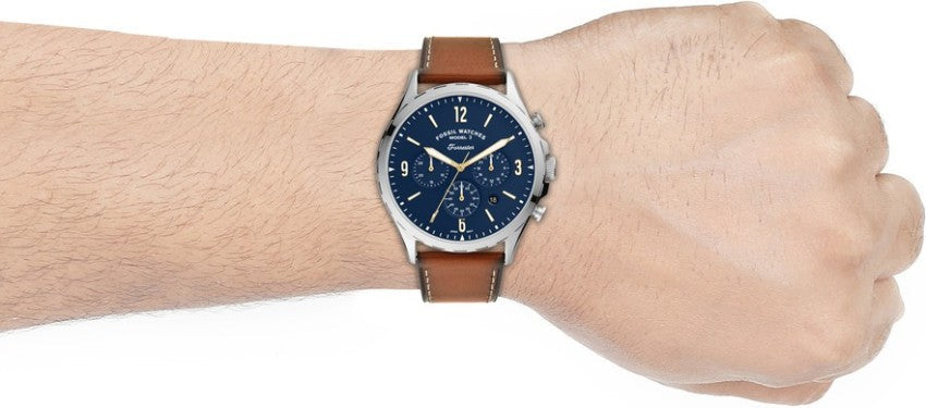 Fossil Forrester Chronograph Blue Dial Brown Leather Strap Watch for Men - S5607
