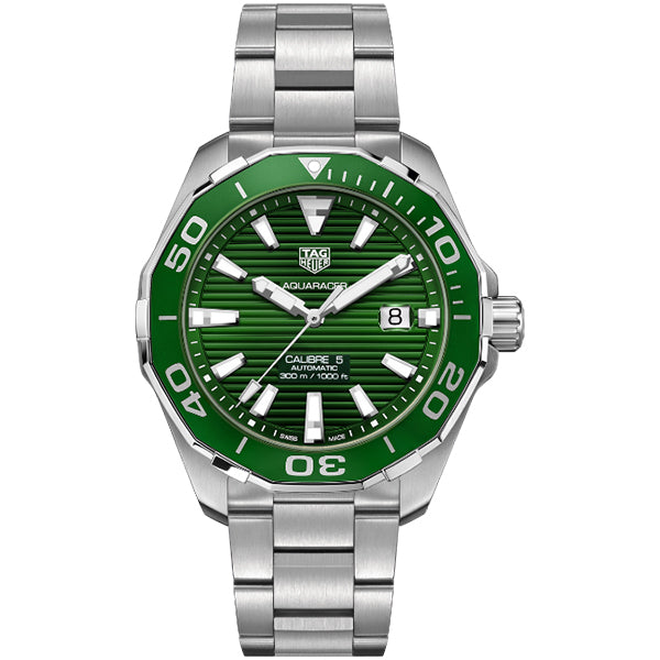 Shop Authentic Tag Heuer Aquaracer Calibre 5 Green Dial Silver Steel Strap Watch for Men - WAY201S.BA0927 - Luxxuri