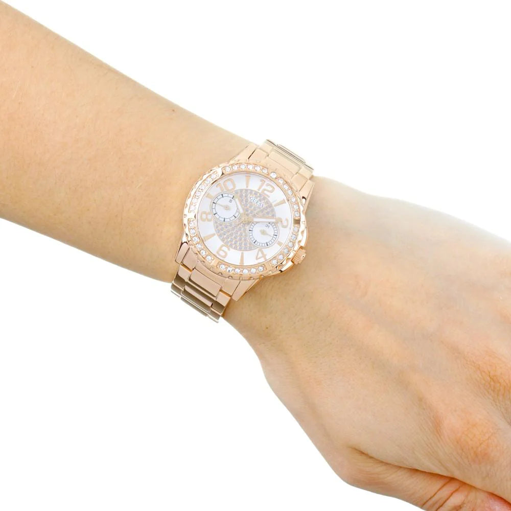 Shop Authentic Guess Sassy Quartz White Dial Rose Gold Steel Strap Watch For Women - W0705L3 - Luxxuri