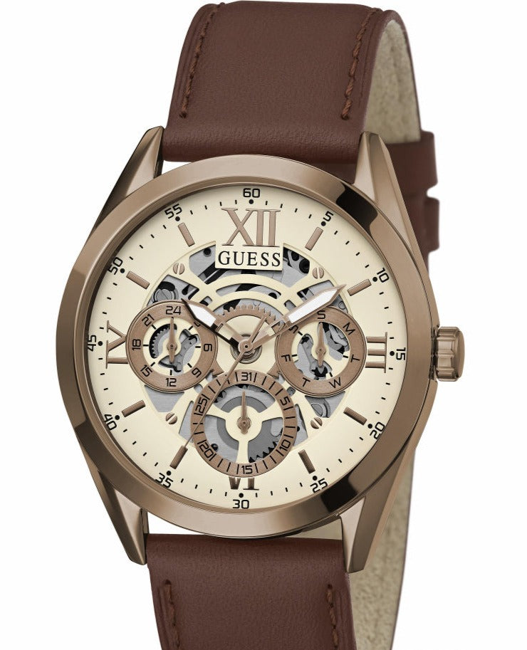 Shop Authentic Guess Multi-Function Chronograph White Dial Brown Leather Strap Watch For Men - GW0389G8 - Luxxuri