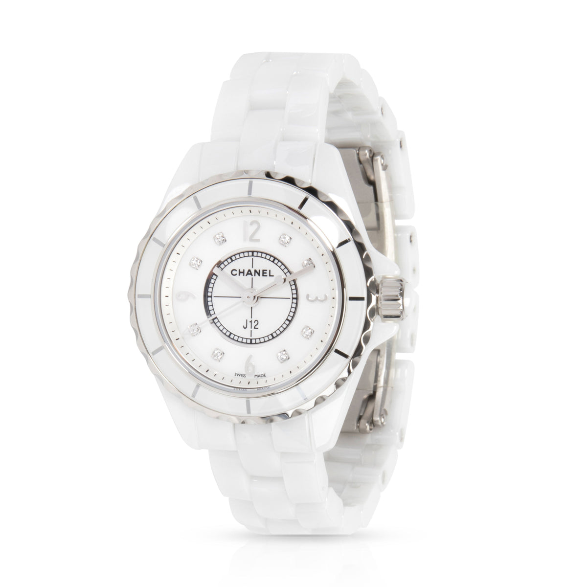 Shop Authentic Chanel J12 Diamonds Quartz Mother of Pearl White Dial White Steel Strap Watch for Women - J12 H2570 - Luxxuri