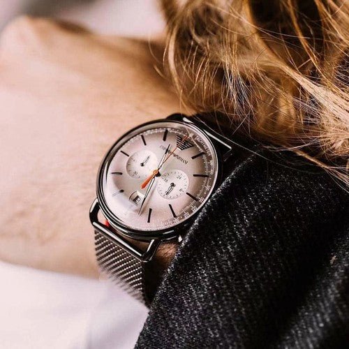 Shop Authentic Emporio Armani Aviator Chronograph Grey Dial Brown Mesh Bracelet Watch For Men - AR11169 - Luxxuri