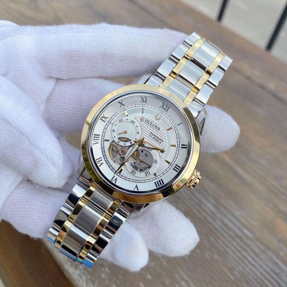 Shop Authentic Bulova BVA Skeleton Silver Dial Two Tone Steel Strap Watch for Men - 98A230 - Luxxuri