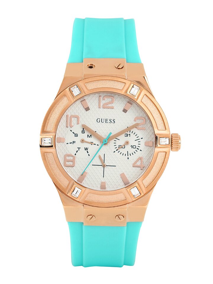 Shop Authentic Guess Jet Setter White Dial Turquoise Silicone Strap Watch For Women - W0564L3 - Luxxuri