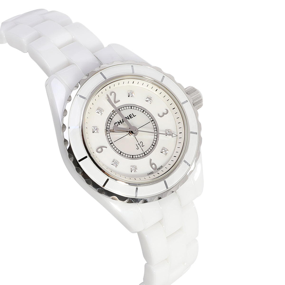 Shop Authentic Chanel J12 Diamonds Quartz Mother of Pearl White Dial White Steel Strap Watch for Women - J12 H2570 - Luxxuri