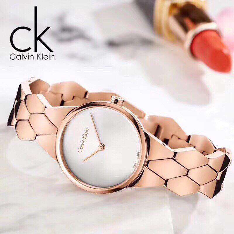 Shop Authentic Calvin Klein Snake Silver Dial Rose Gold Steel Strap Watch For Women - K6E23646 - Luxxuri