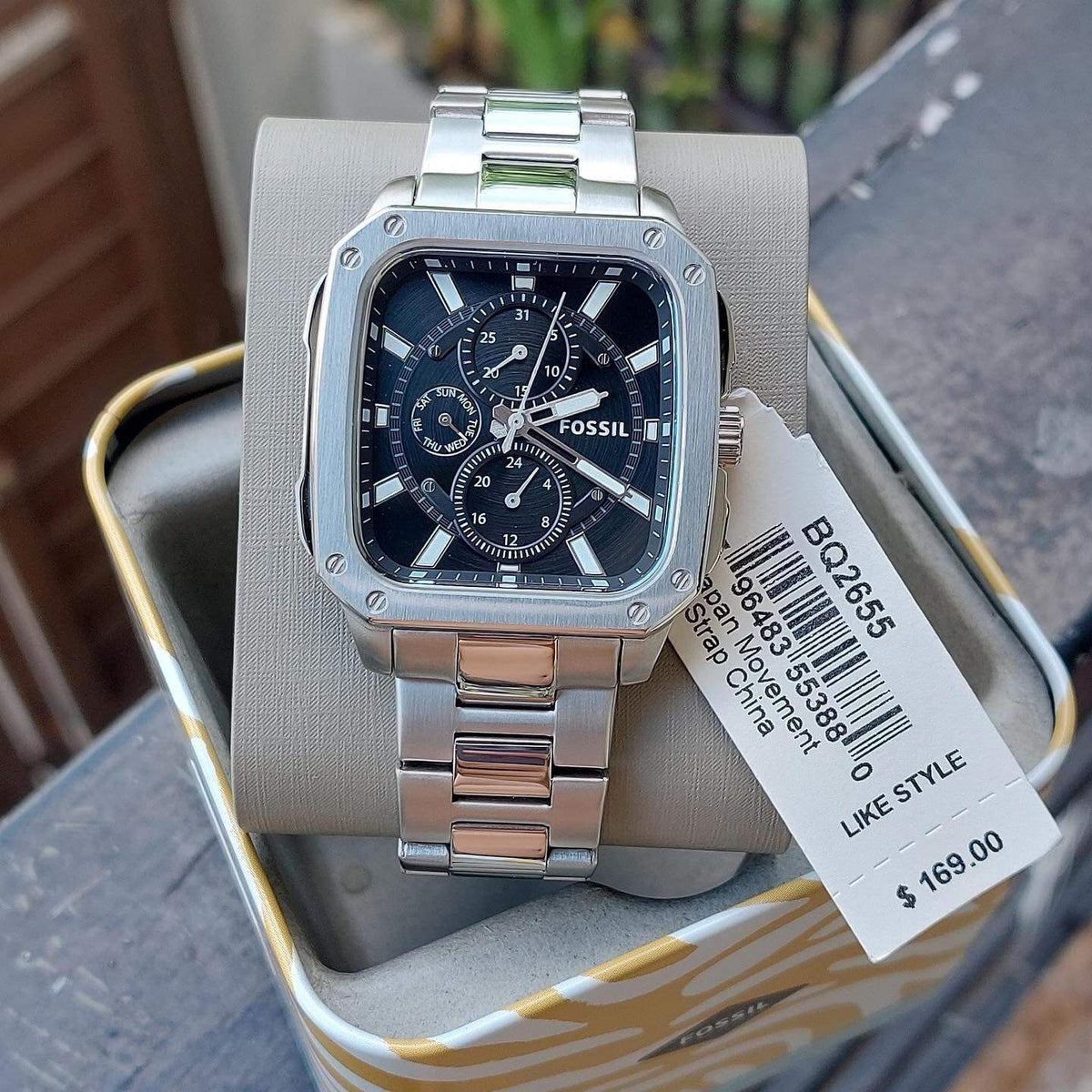 Shop Authentic Fossil Inscription Multifunction Black Dial Silver Steel Strap Watch for Men - BQ2655 - Luxxuri