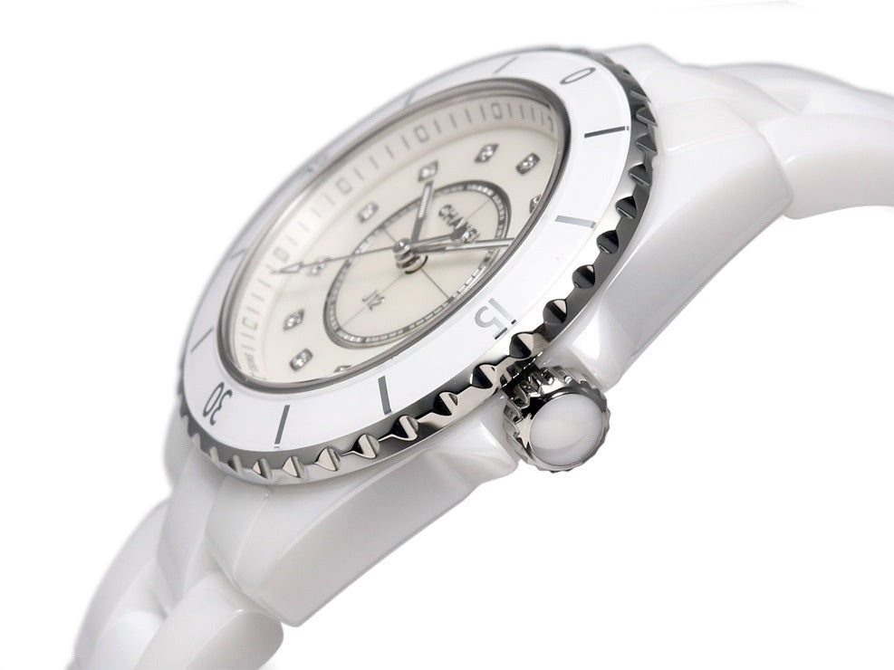 Shop Authentic Chanel J12 Diamonds Mother of Pearl White Dial White Steel Strap Watch for Women - J12 H5704 - Luxxuri
