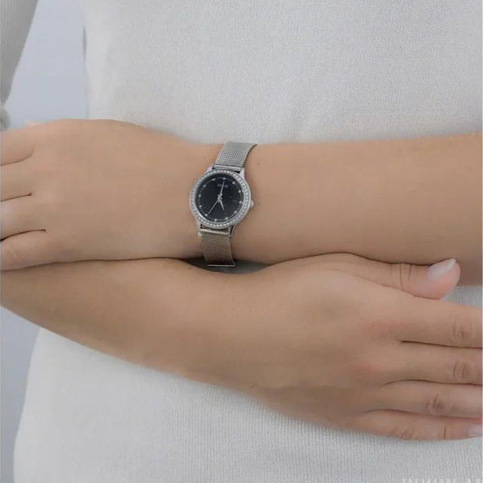 Guess Chelsea Crystals Black Dial Silver Mesh Bracelet Watch For Women - W0647L5