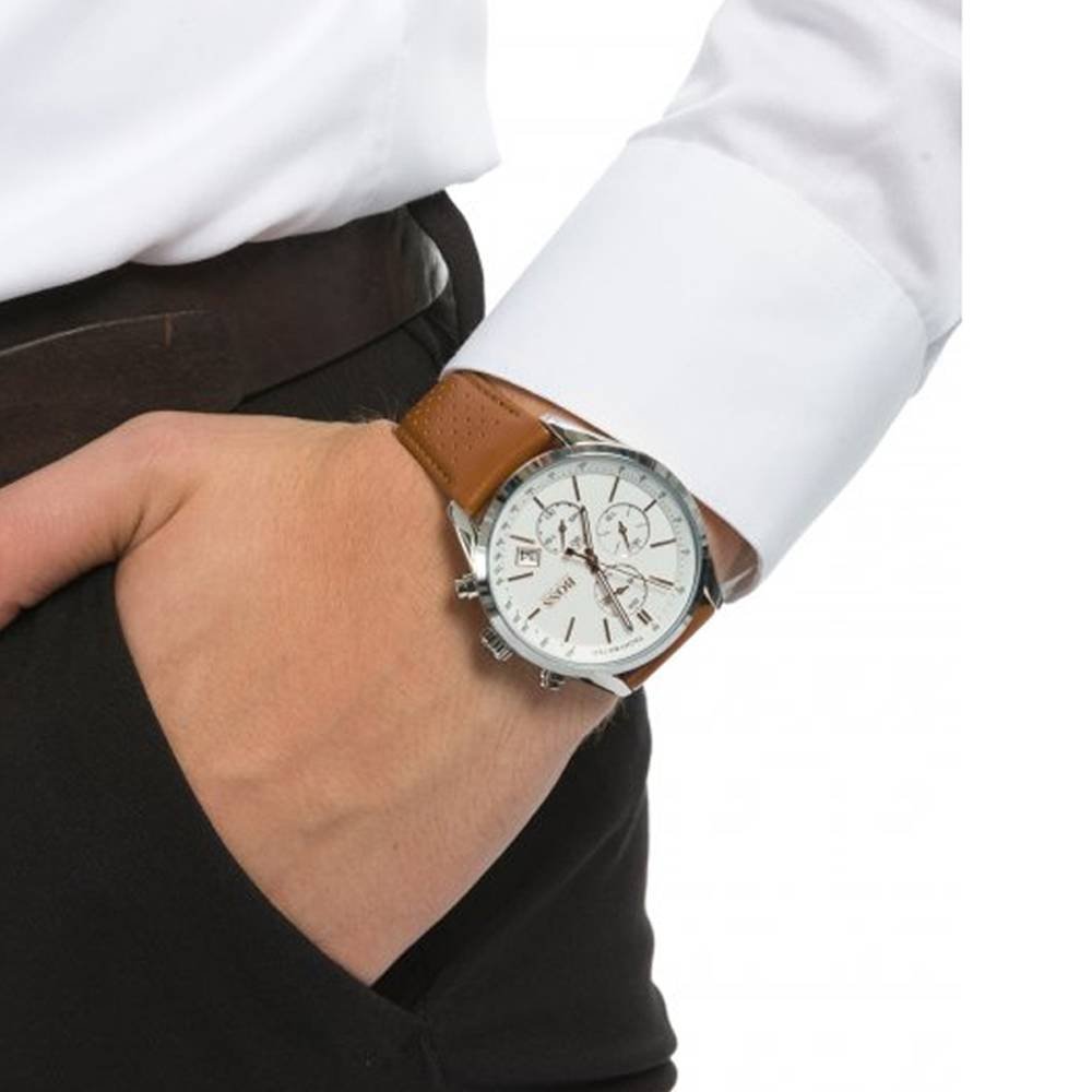 Shop Authentic Hugo Boss Grand Prix White Dial Brown Leather Strap Watch for Men - 1513475 - Luxxuri