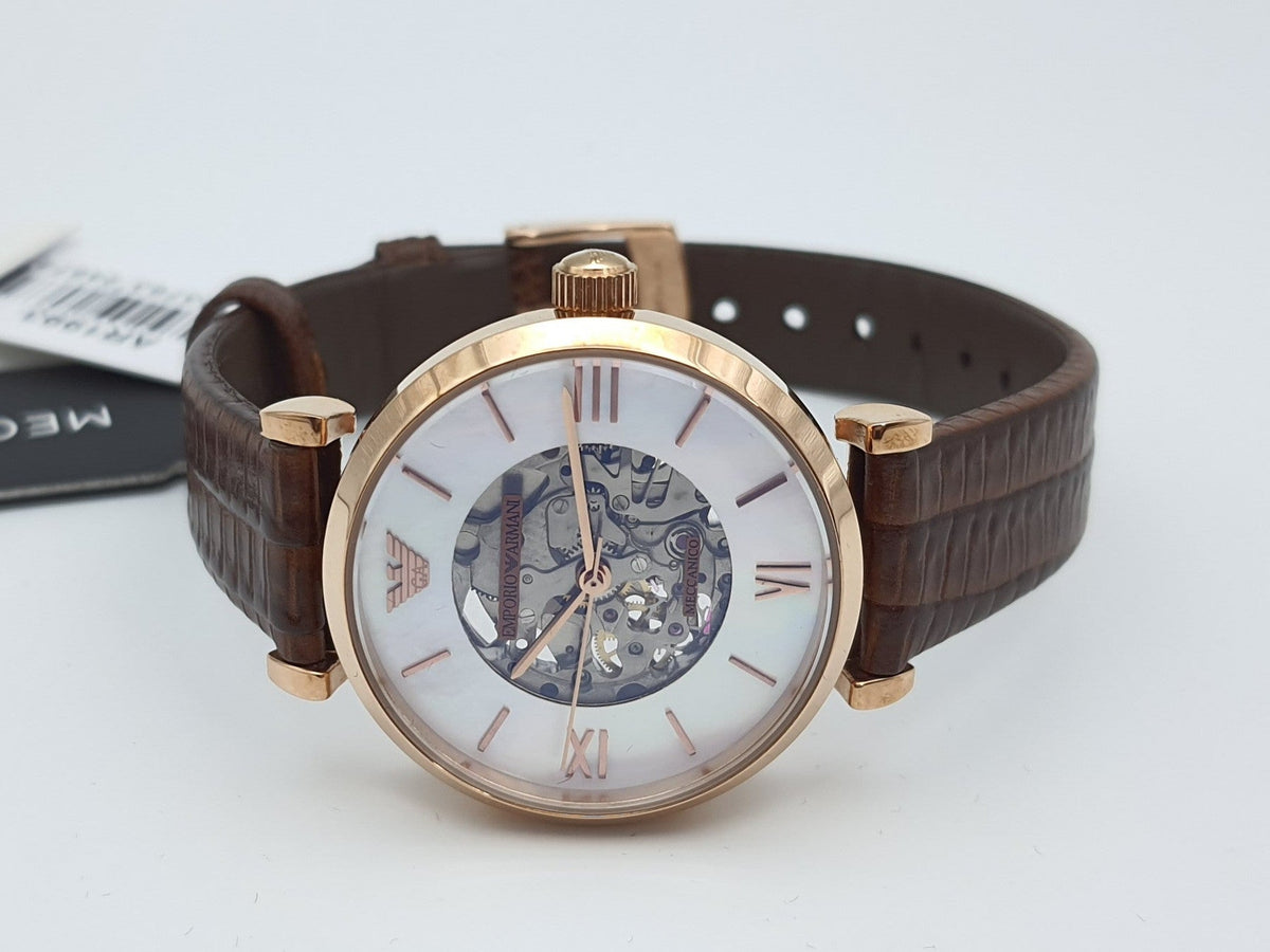 Shop Authentic Emporio Armani Meccanico Skeleton Mother of Pearl Dial Brown Leather Strap Watch For Women - AR1993 - Luxxuri