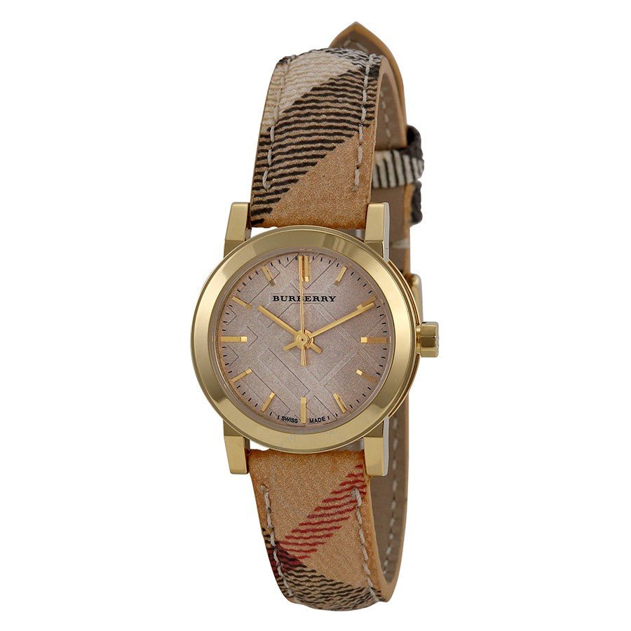 Shop Authentic Burberry The City Gold Dial Haymarket Brown Leather Strap Watch for Women - BU9219 - Luxxuri