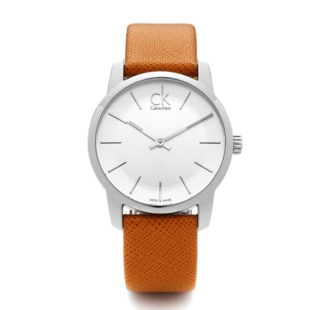 Shop Authentic Calvin Klein City Silver Dial Light Brown Leather Strap Watch For Women- K2G23120 - Luxxuri