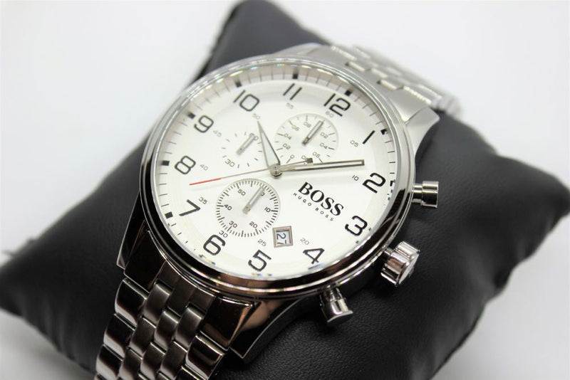 Shop Authentic Hugo Boss Aeroliner Chronograph White Dial Silver Steel Strap Watch For Men - 1512445 - Luxxuri