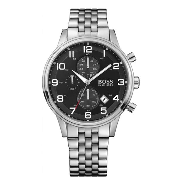 Shop Authentic Hugo Boss Aeroliner Chronograph Black Dial Silver Steel Strap Watch For Men - 1512446 - Luxxuri