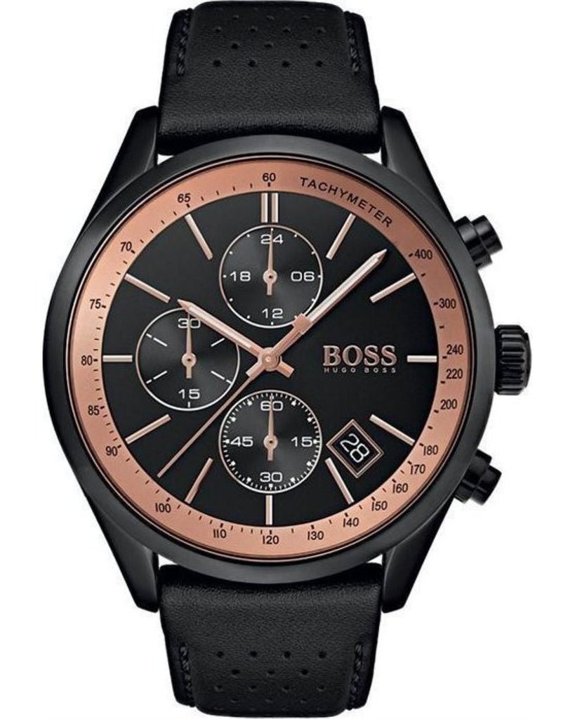 Shop Authentic Hugo Boss Grand Prix Chronograph Black Dial Black Leather Strap Watch for Men - 1513550 - Luxxuri