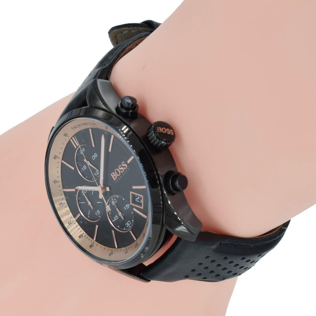 Shop Authentic Hugo Boss Grand Prix Chronograph Black Dial Black Leather Strap Watch for Men - 1513550 - Luxxuri