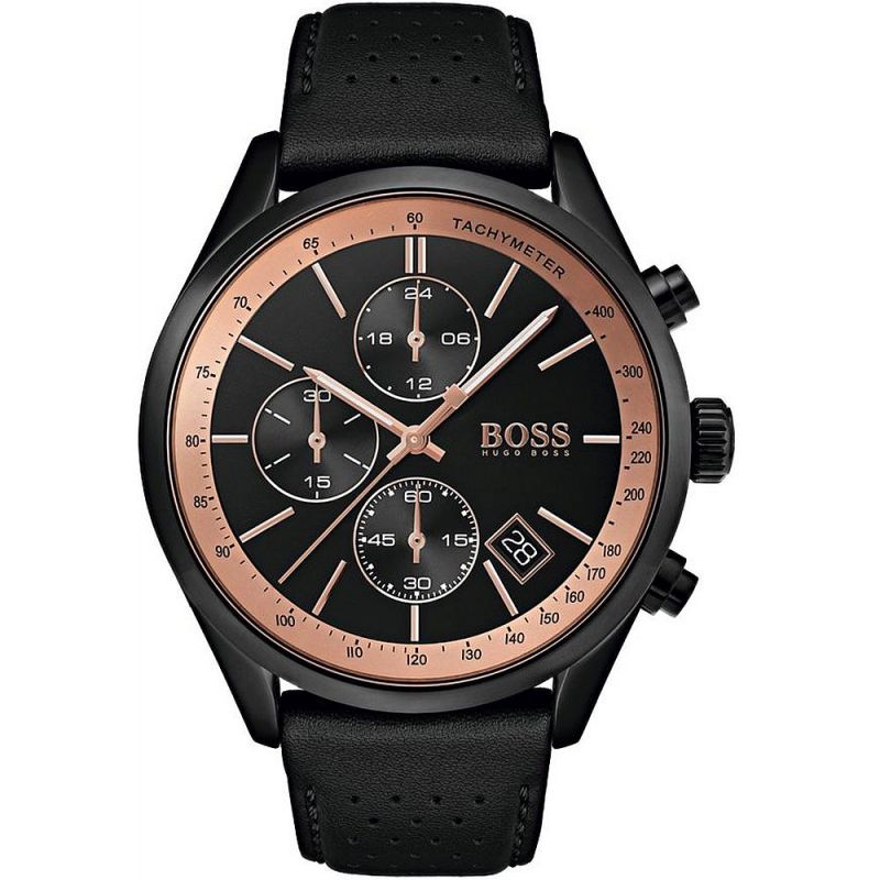 Shop Authentic Hugo Boss Grand Prix Chronograph Black Dial Black Leather Strap Watch for Men - 1513550 - Luxxuri