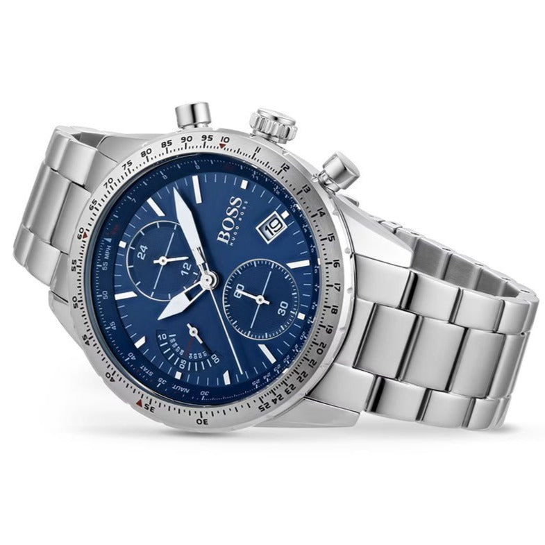 Hugo Boss Pilot Chronograph Blue Dial Silver Steel Strap Watch for Men - 1513850