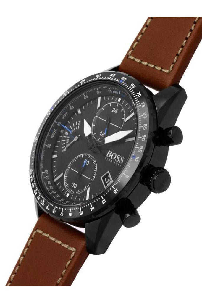 Hugo Boss Pilot Chronograph Black Dial Brown Leather Strap Watch for Men - 1513851