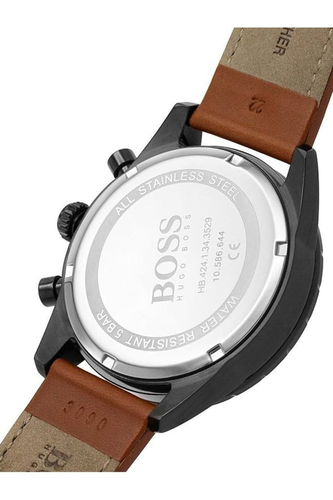 Hugo Boss Pilot Chronograph Black Dial Brown Leather Strap Watch for Men - 1513851
