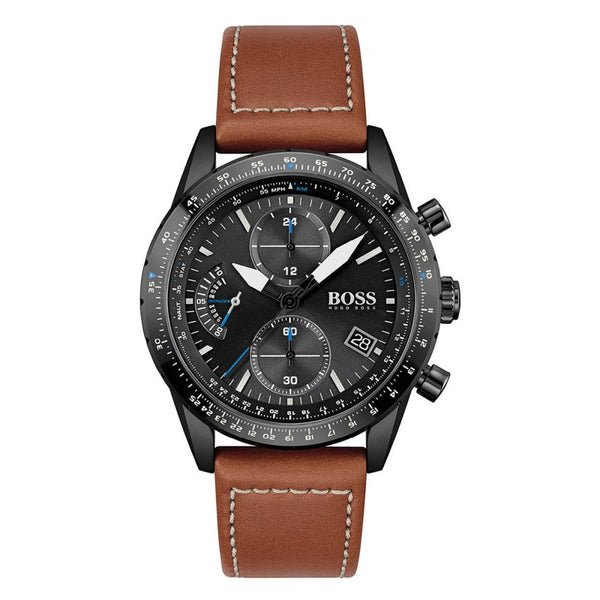 Hugo Boss Pilot Chronograph Black Dial Brown Leather Strap Watch for Men - 1513851