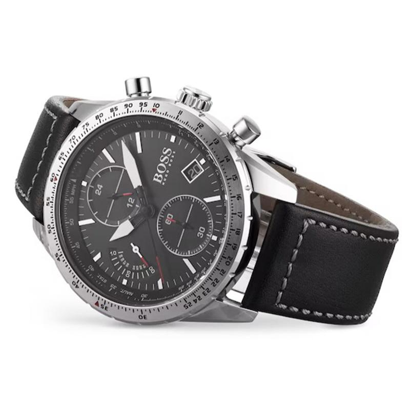 Hugo Boss Pilot Edition Chronograph Black Dial Black Leather Strap Watch for Men - 1513853