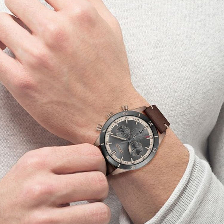 Shop Authentic Hugo Boss Santiago Grey Dial Brown Leather Strap Watch for Men - 1513861 - Luxxuri
