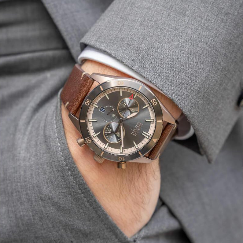 Shop Authentic Hugo Boss Santiago Grey Dial Brown Leather Strap Watch for Men - 1513861 - Luxxuri