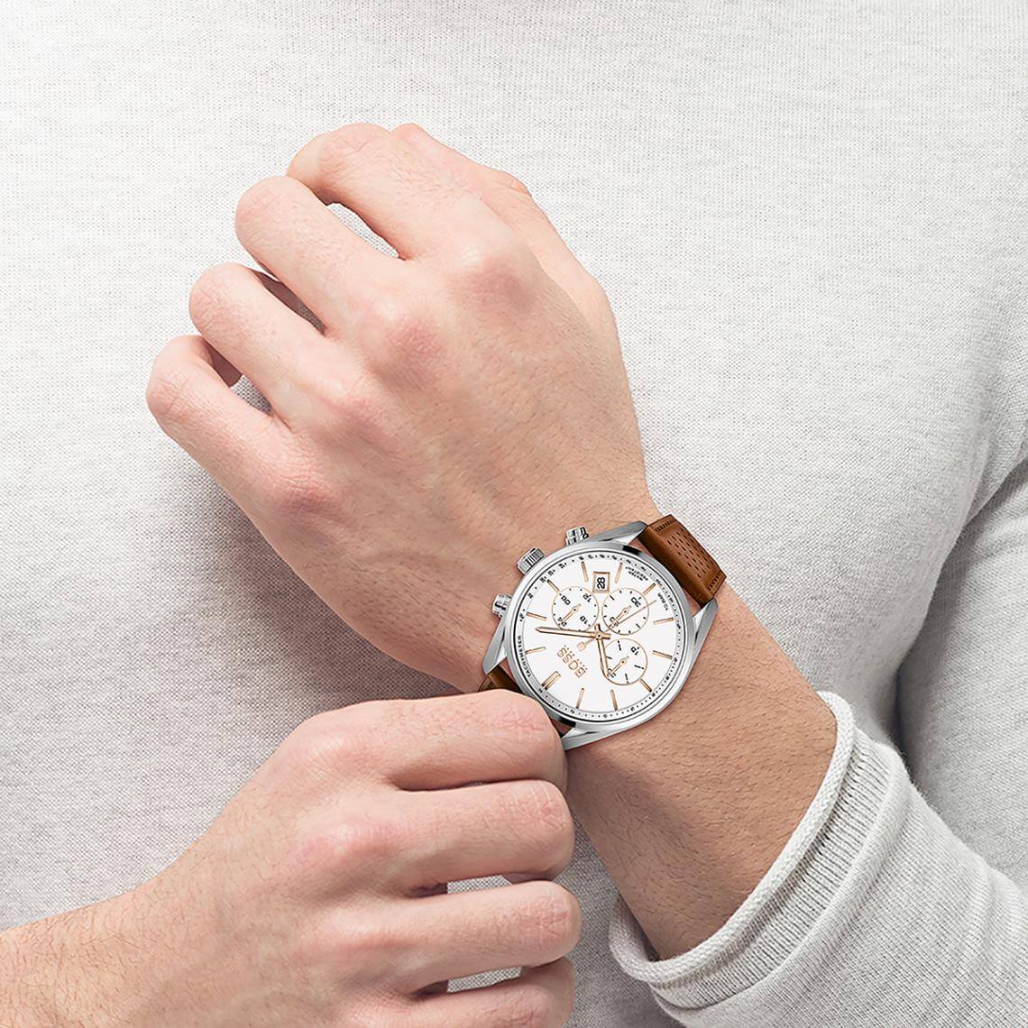 Shop Authentic Hugo Boss Champion White Dial Brown Leather Strap Watch for Men - 1513879 - Luxxuri