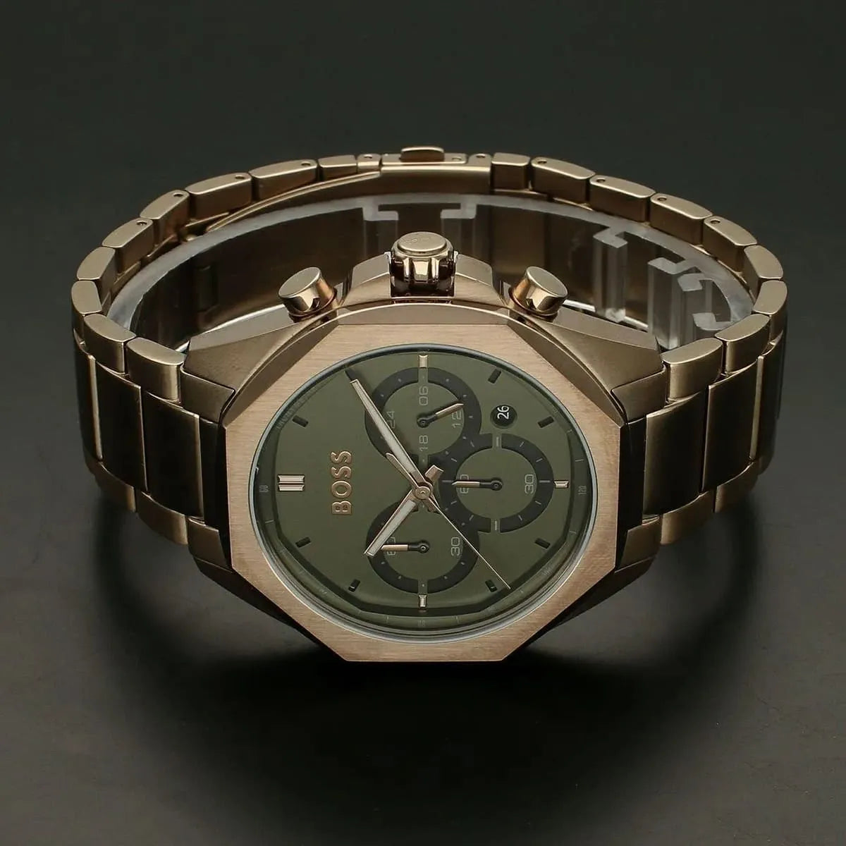 Hugo Boss Classic Chronograph Olive Green Dial Beige Gold Steel Strap Watch For Men - 1514019